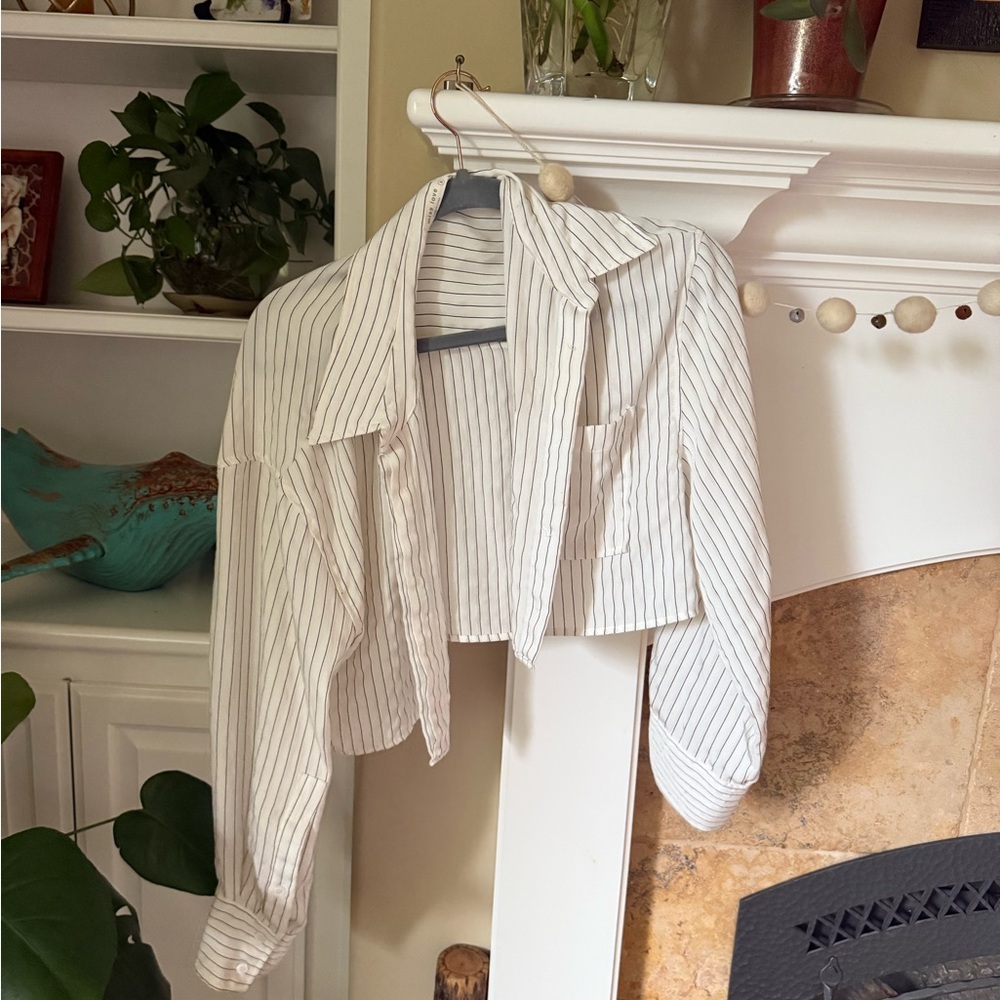 Cropped Striped Button-Front Jacket - White with Black Stripes